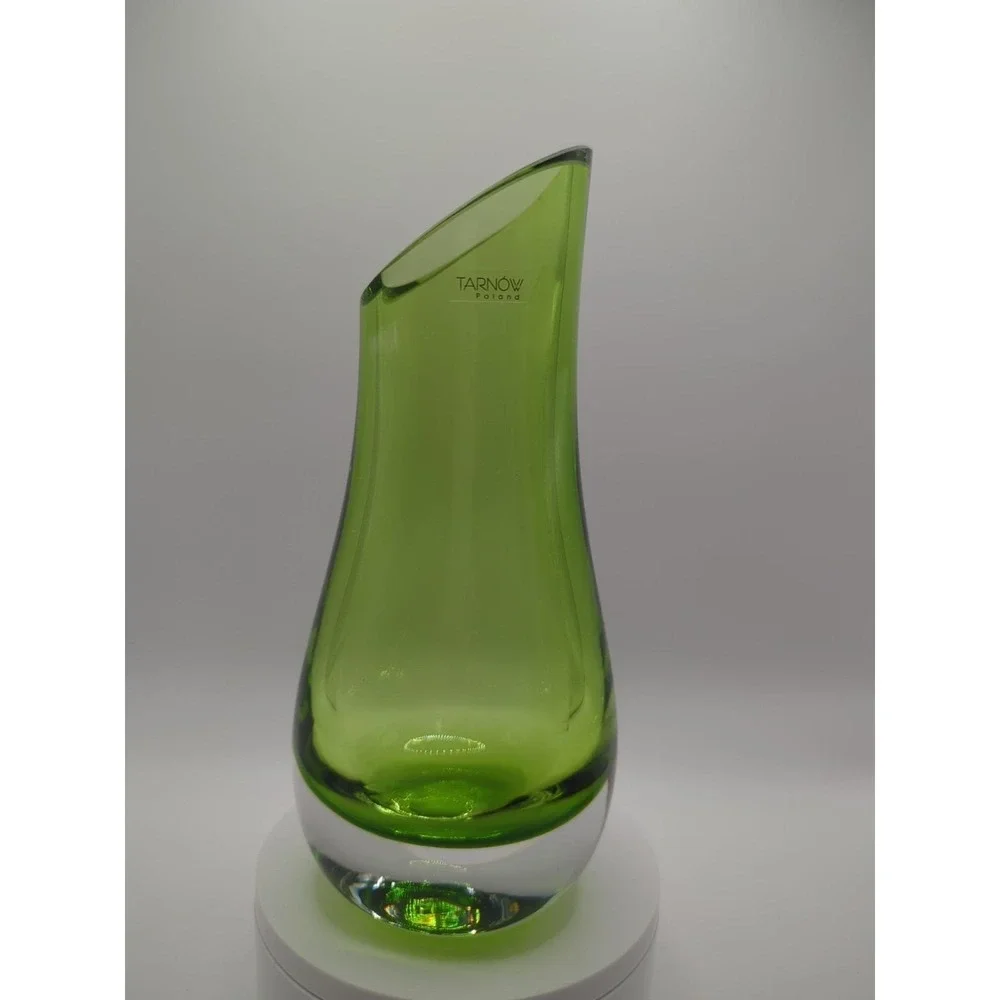 Tarnow Poland Green Art Glass Vase Mid Century Modern Murano Style 8